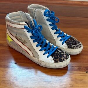 Golden Goose Sneakers with Blue Laces and Leopard Print